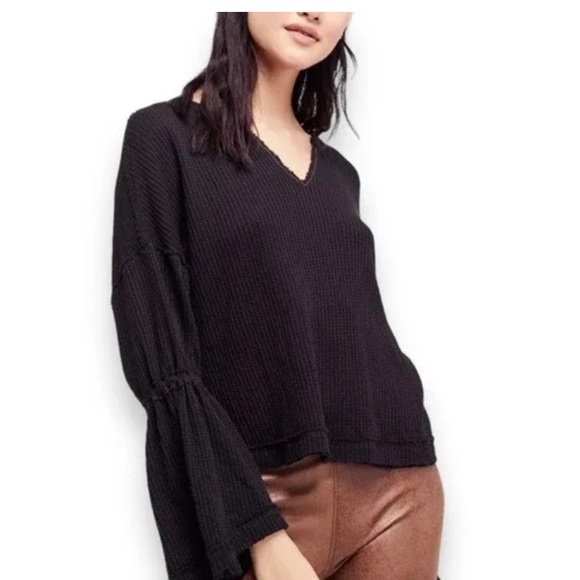 We the free Free People thermal bell sleeve waffle knit shirt-black-Medium - Picture 3 of 11